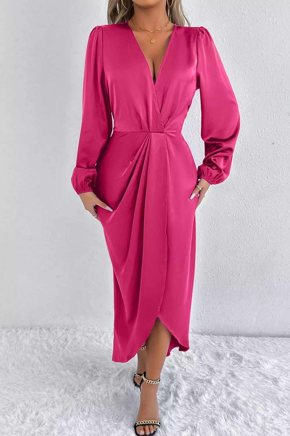 Satin Balloon Sleeve Midi Dress, image 15
