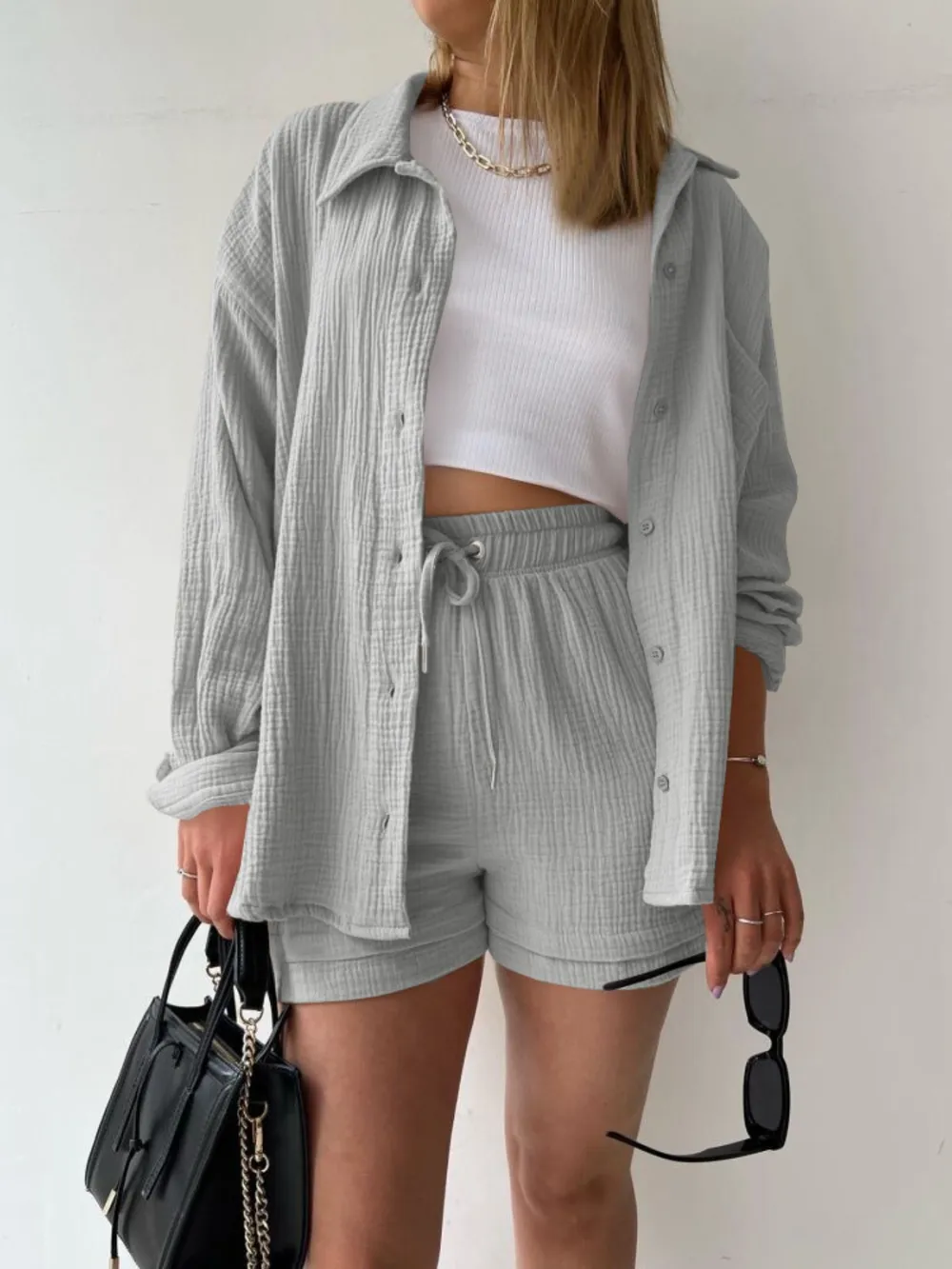 Textured Button Up Shirt and Shorts Set, image 9