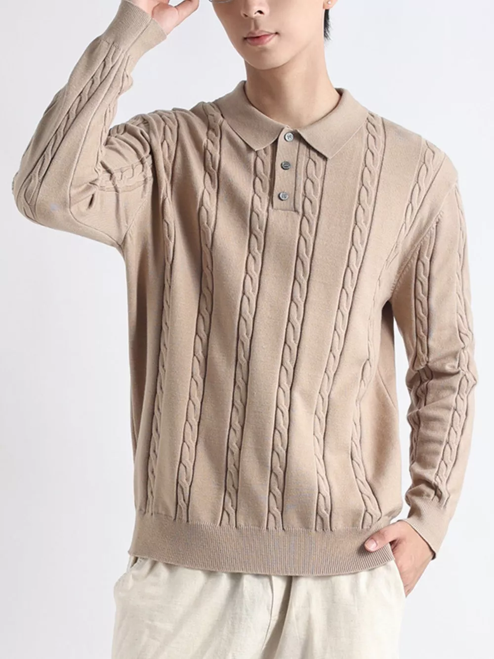 Men's Plus Size Cable-Knit Polo Collar Sweater, image 6
