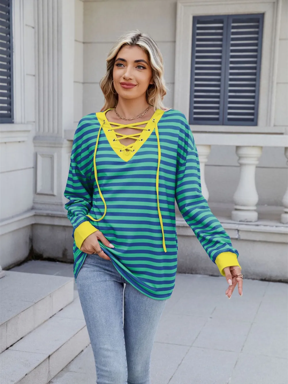 Lace-Up Striped Long Sleeve T-Shirt, image 15