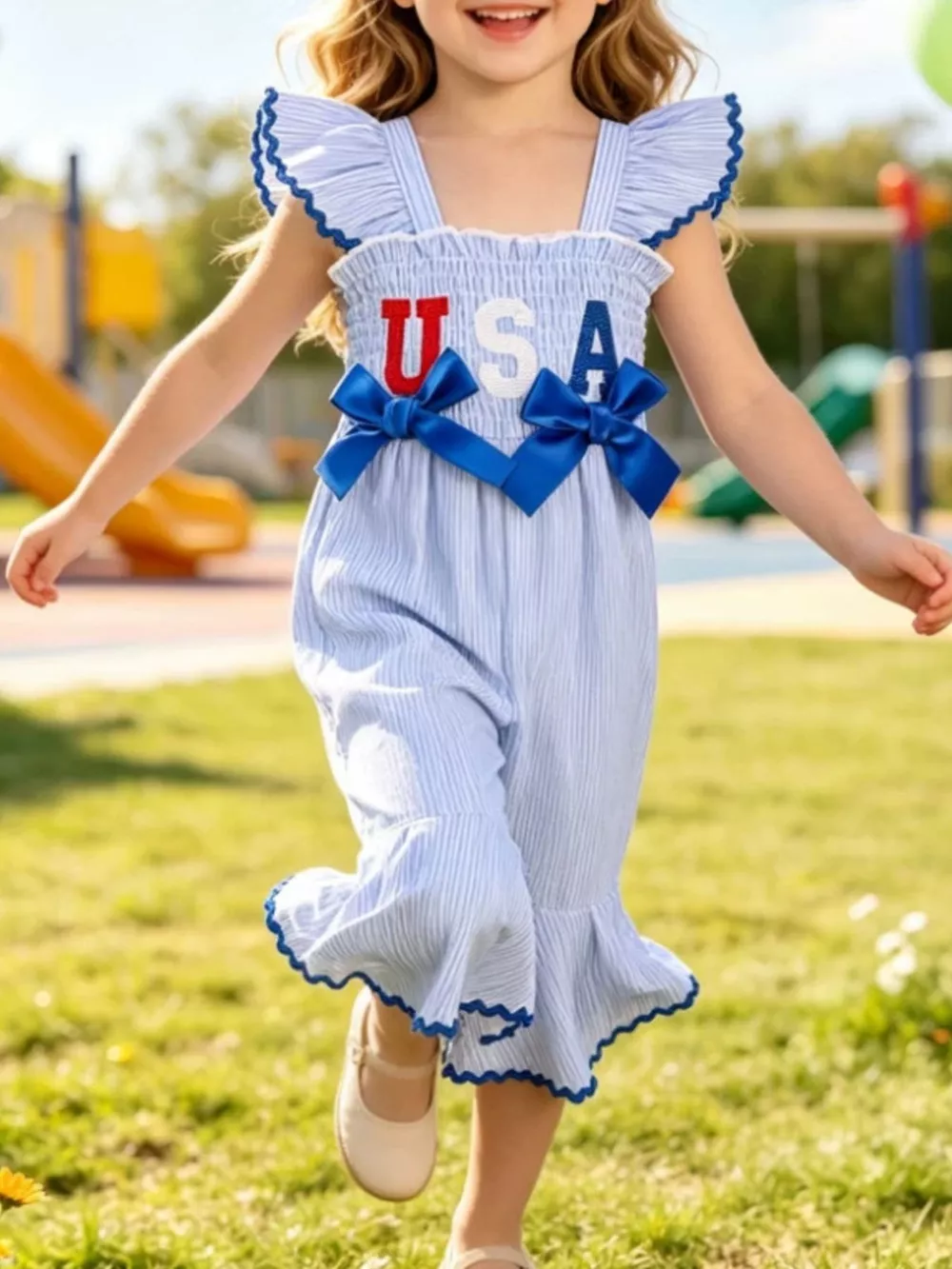 Children's USA Themed Ruffled Sleeve Smocked Jumpsuit, image 2