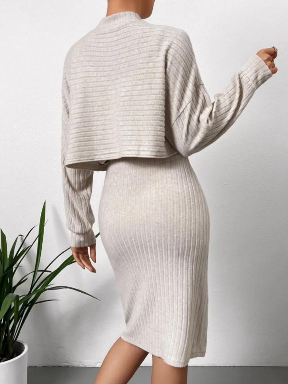 Mock Neck Long Sleeve Top and Wide Strap Dress Set, image 2