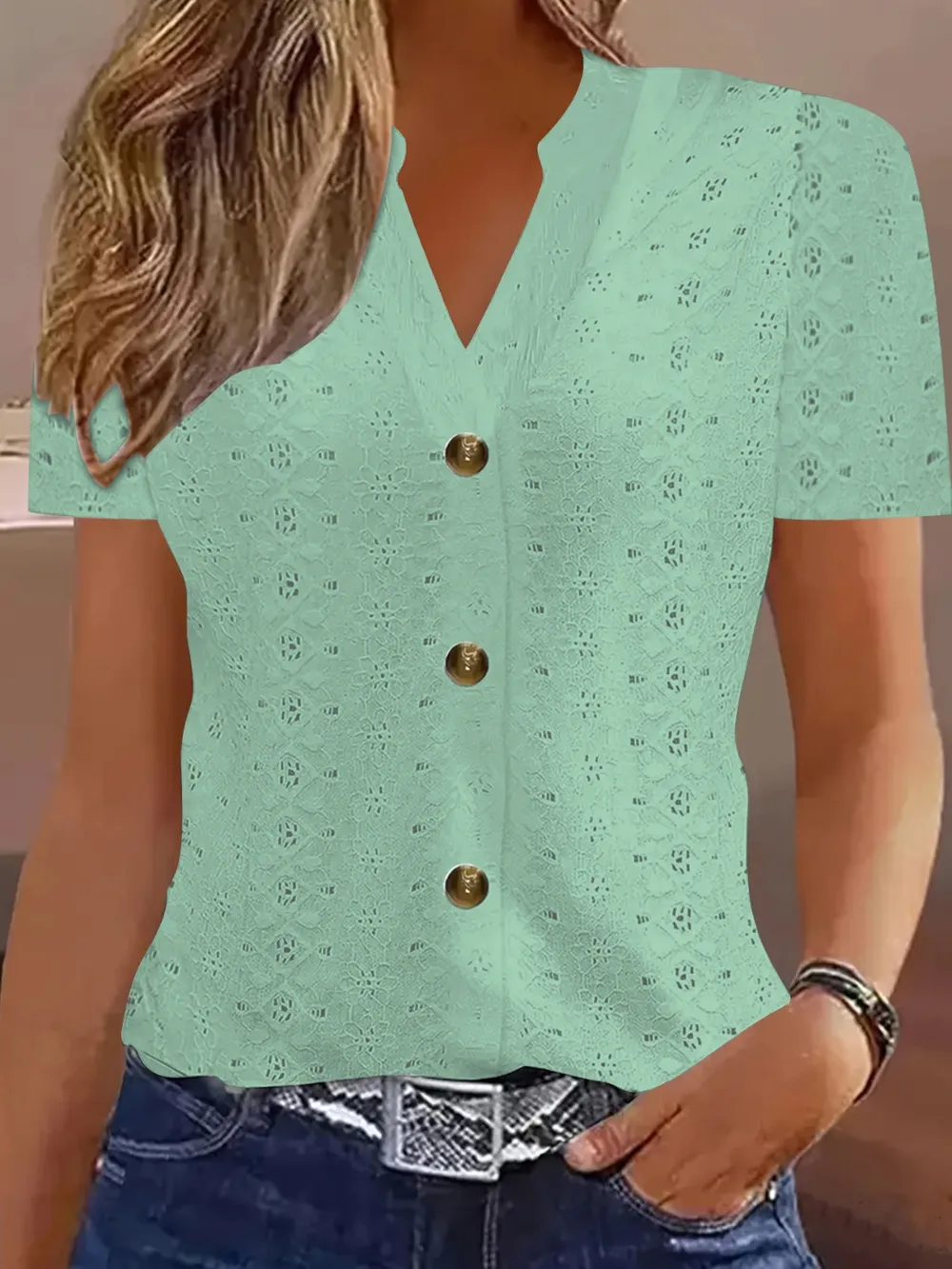 Openwork Notched Short Sleeve Top, image 2