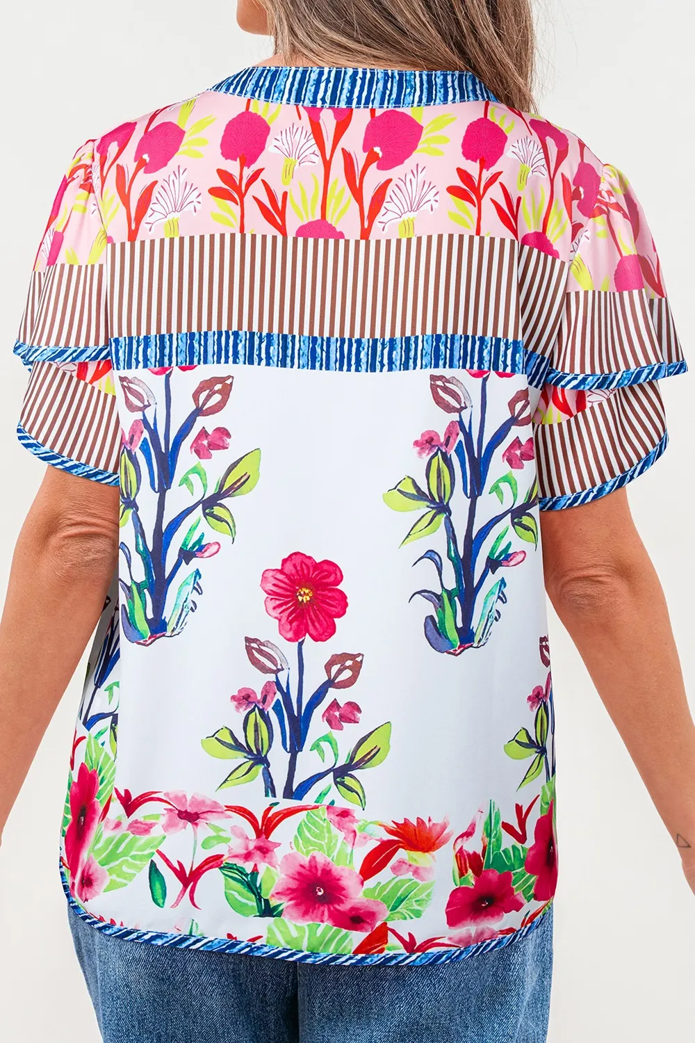 Floral Striped Patchwork Short Sleeve Split Neck Blouse, image 3
