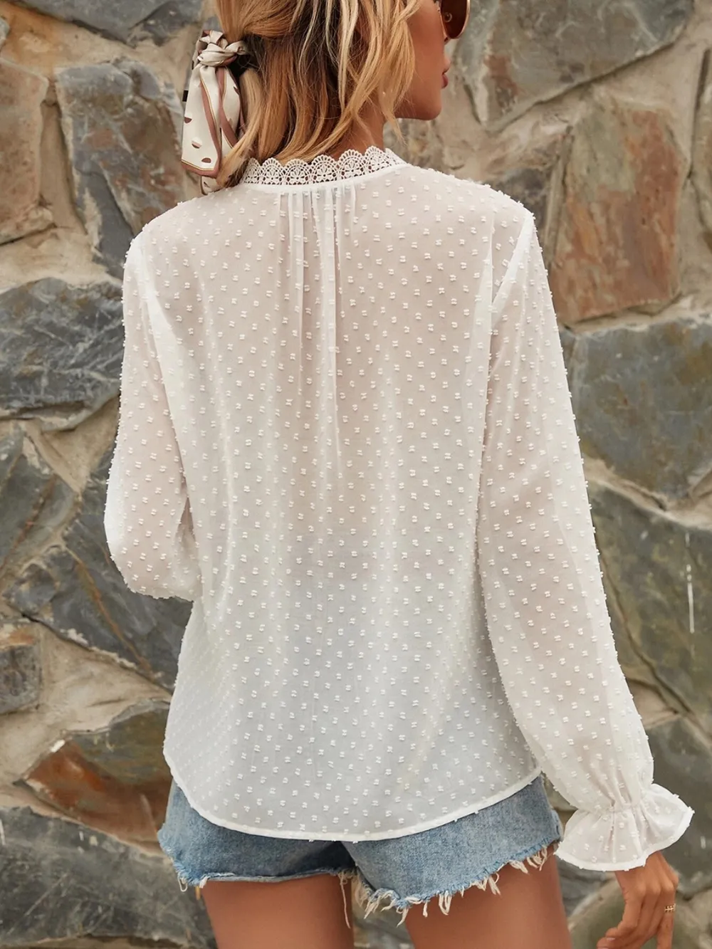 Lace Detail V-Neck Swiss Dot Blouse, image 7
