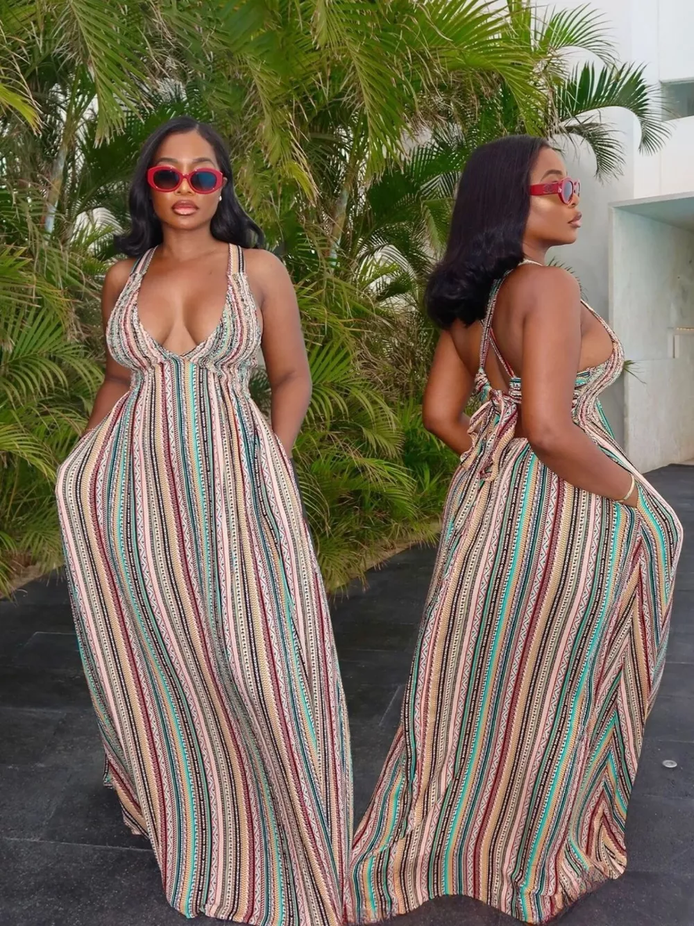 Striped Deep V-Neck Maxi Dress, image 3
