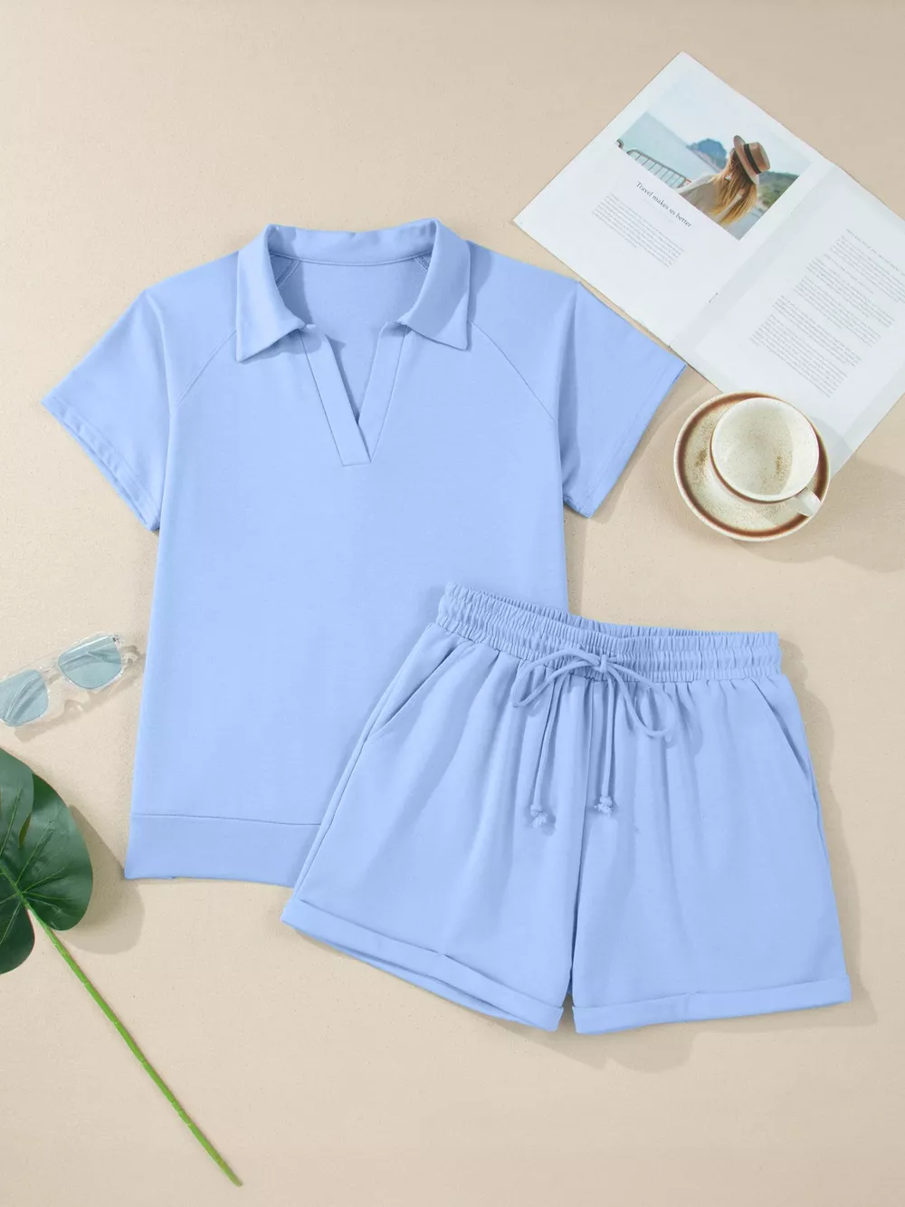 Collared V Neck Tee Drawstring Elastic Waist Shorts 2pcs Outfit, image 4
