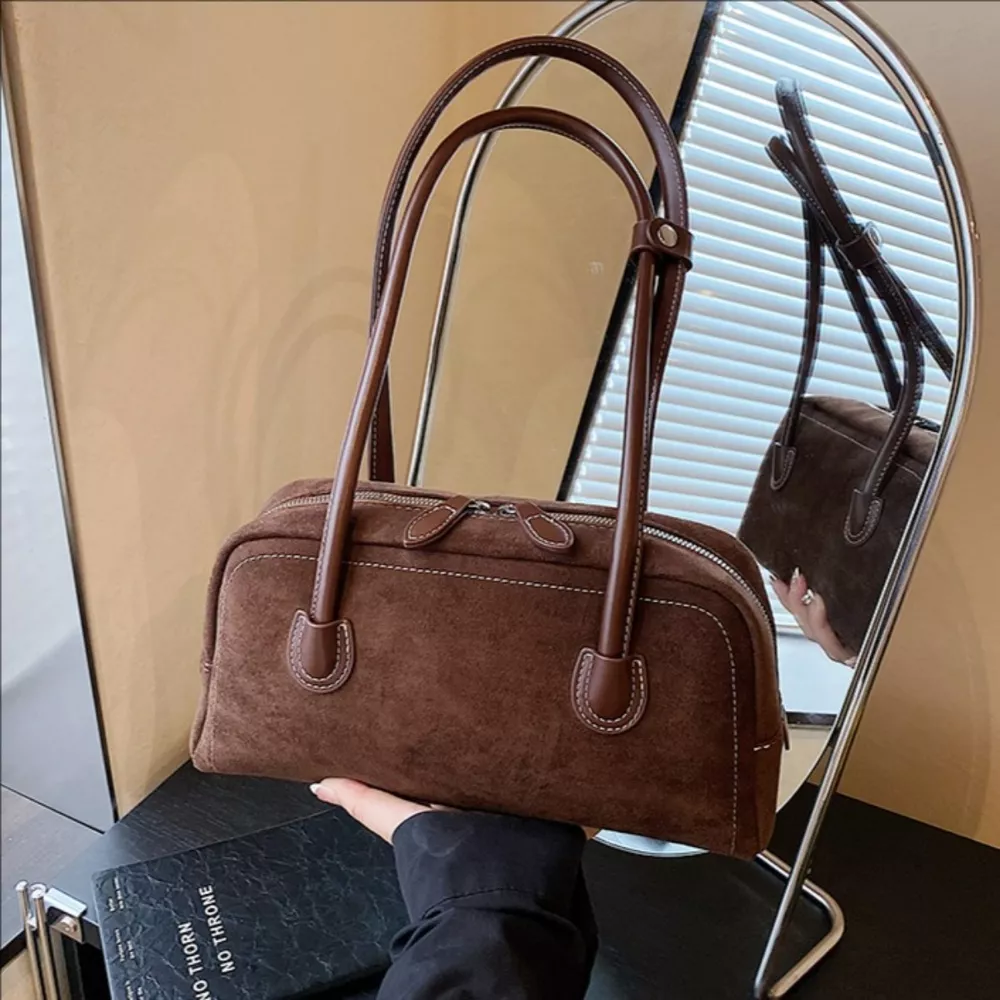 Velvet Shoulder Bag with Leather Strap, image 6