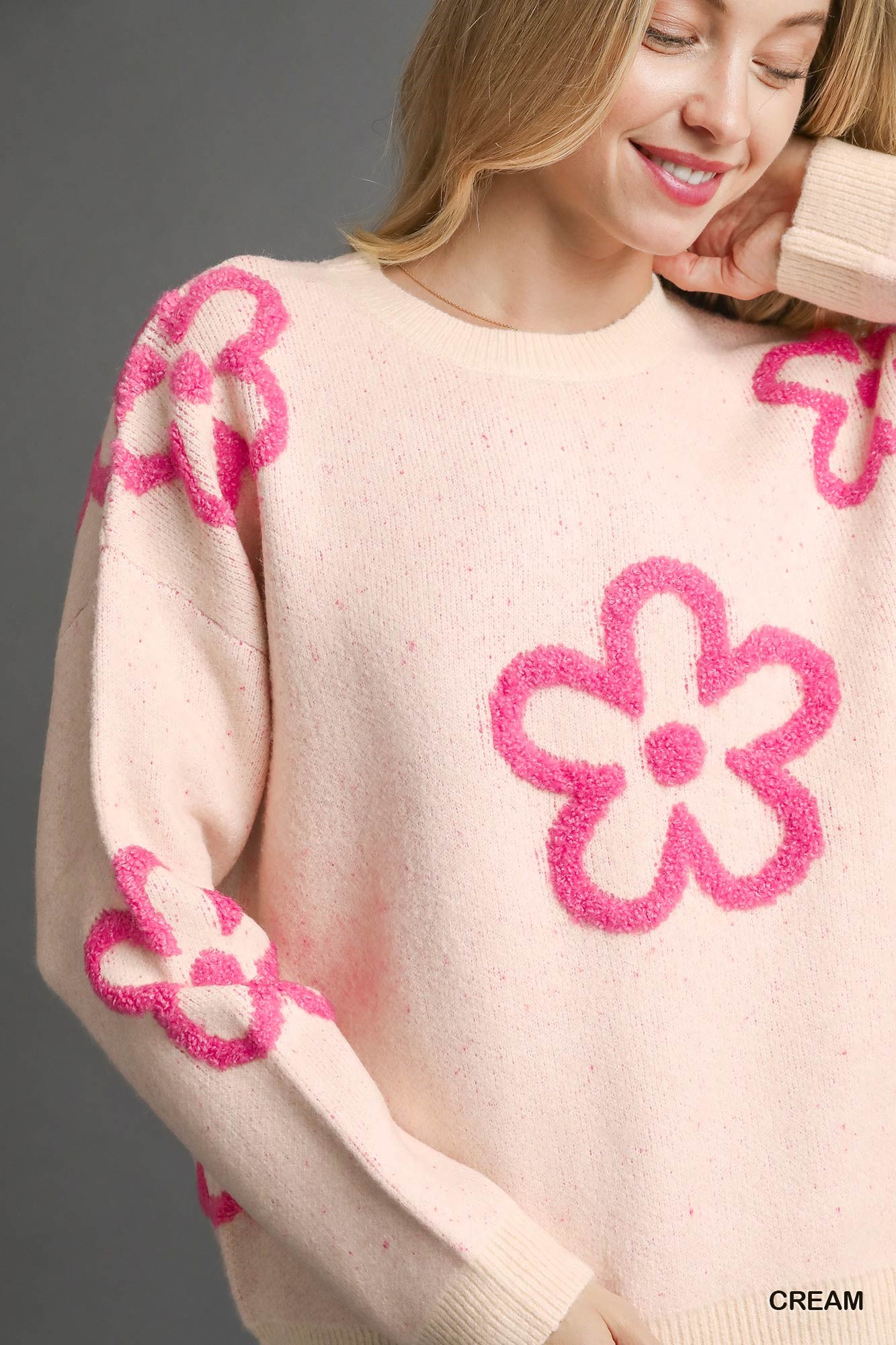 Round Neck Sweater with Pink Floral Accents, image 5