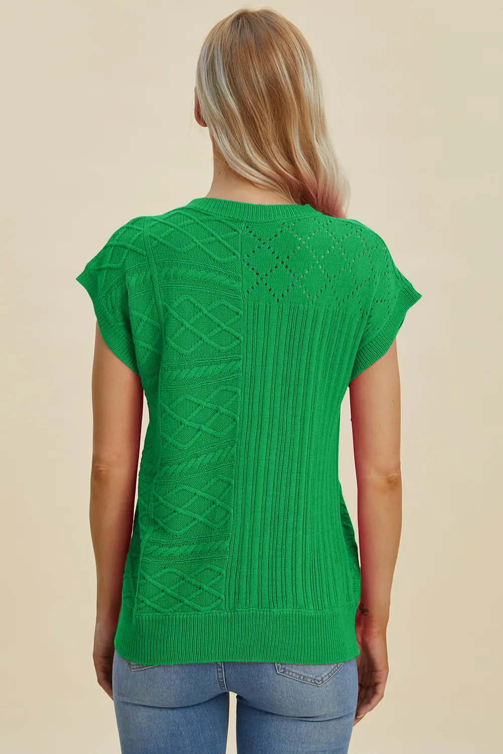Full Size Cable-Knit Round Neck Cap Sleeve Sweater, image 17