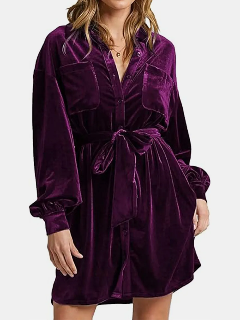 Collared Neck Button Down Long Sleeve Mini Dress, image 6