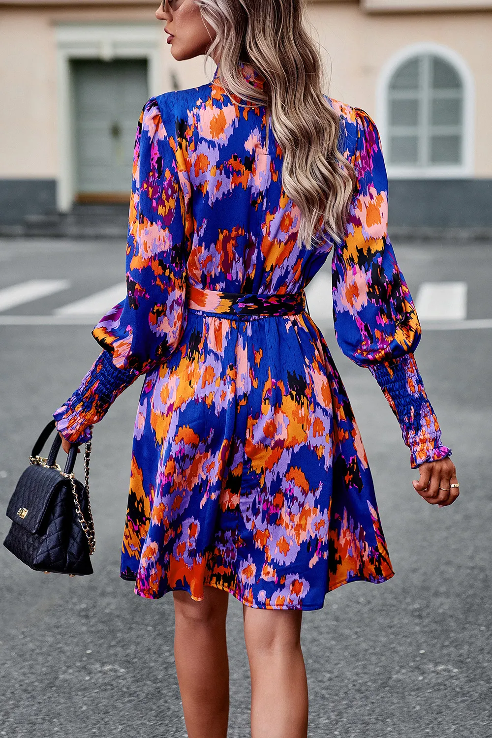 Printed Tie Waist Mock Neck Lantern Sleeve Dress, image 9