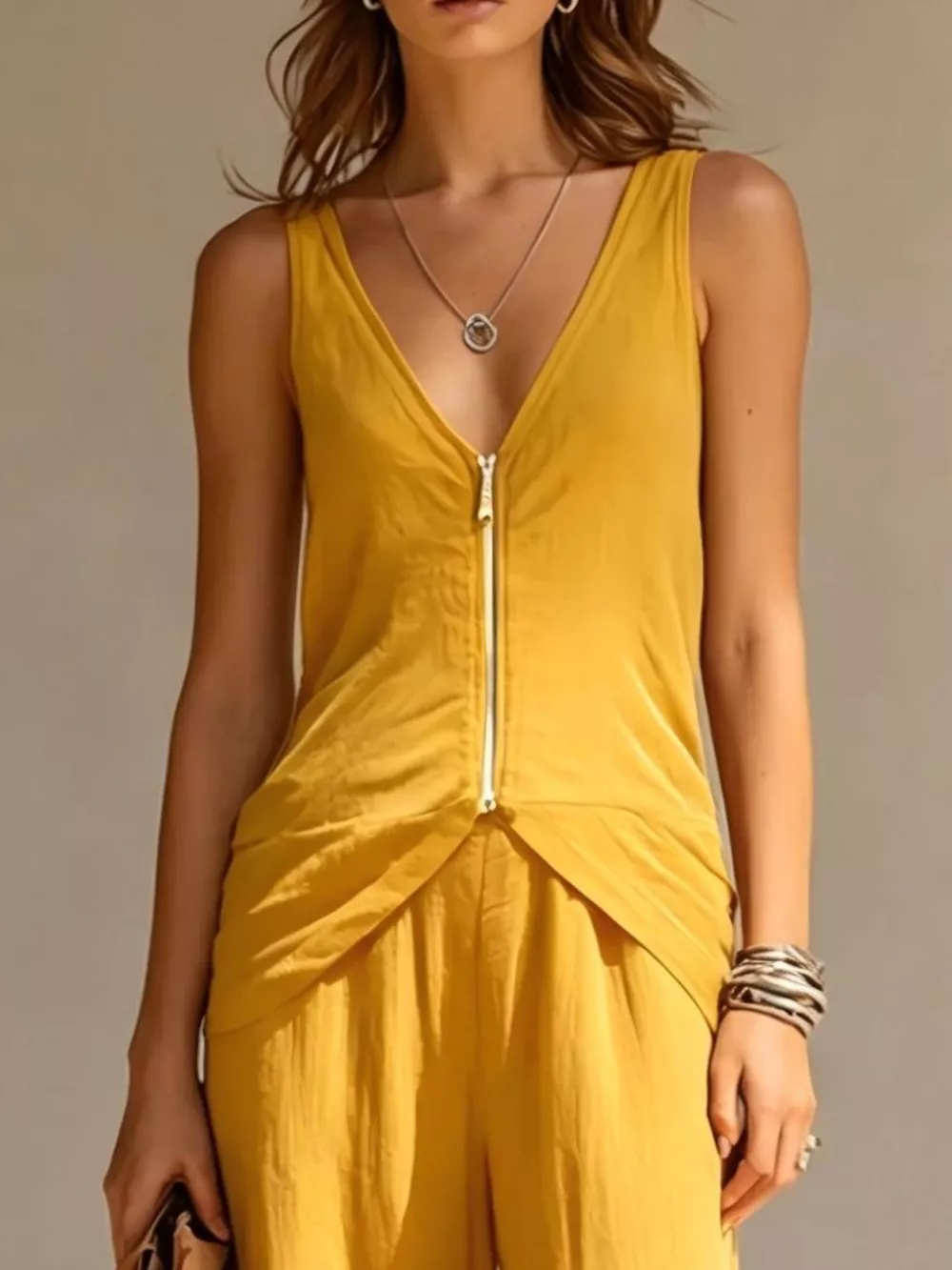 Full Size Zipper Front Tank and Wide-Leg Pants Set Plus Size, image 14