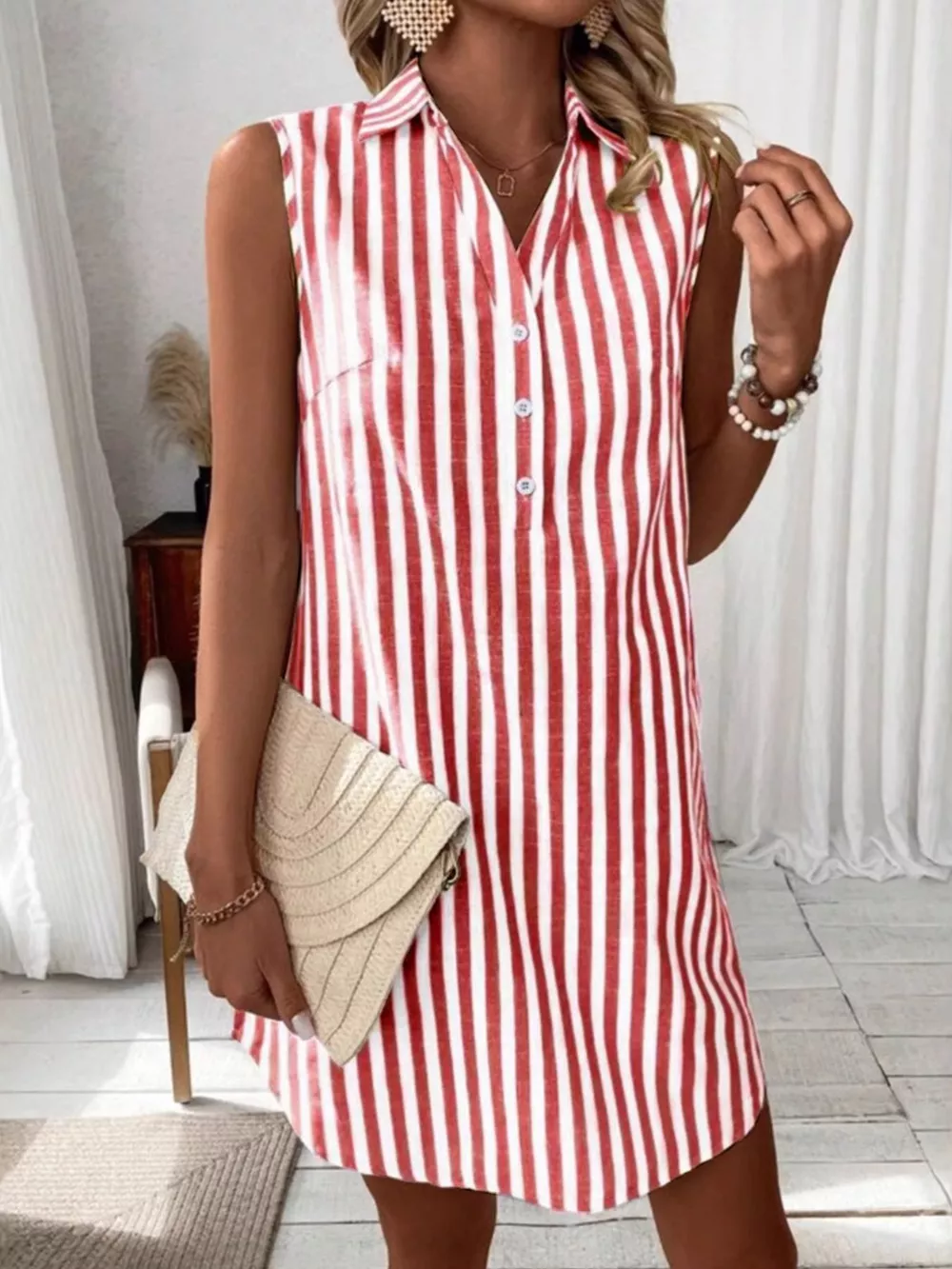 Sleeveless Striped Button Detail Shirt Dress, image 7