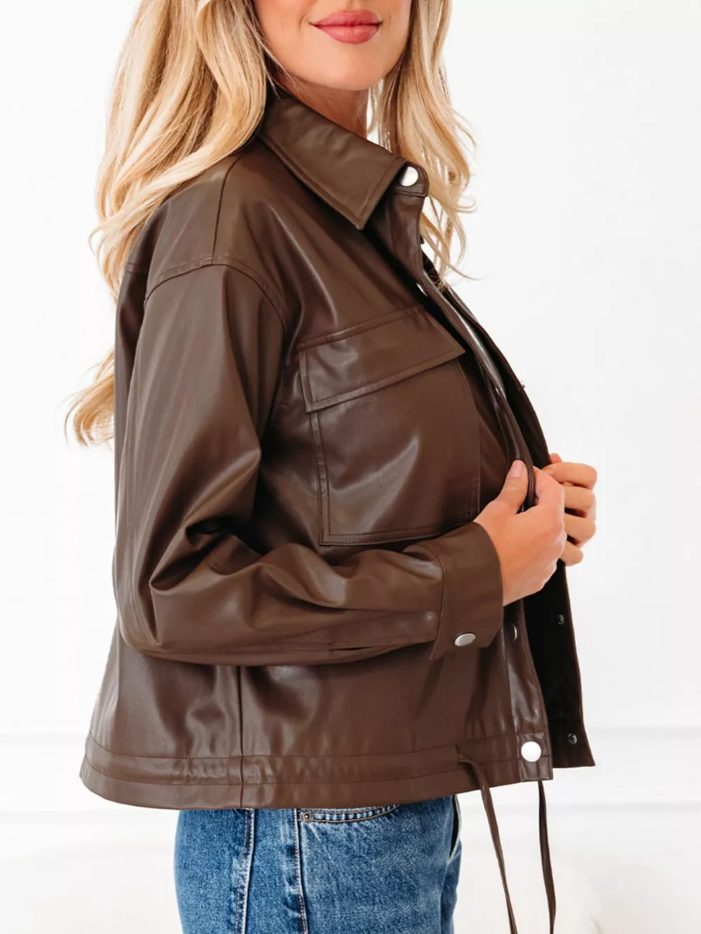 Double Flap Pocket Drawstring Hem Leather Jacket, image 6
