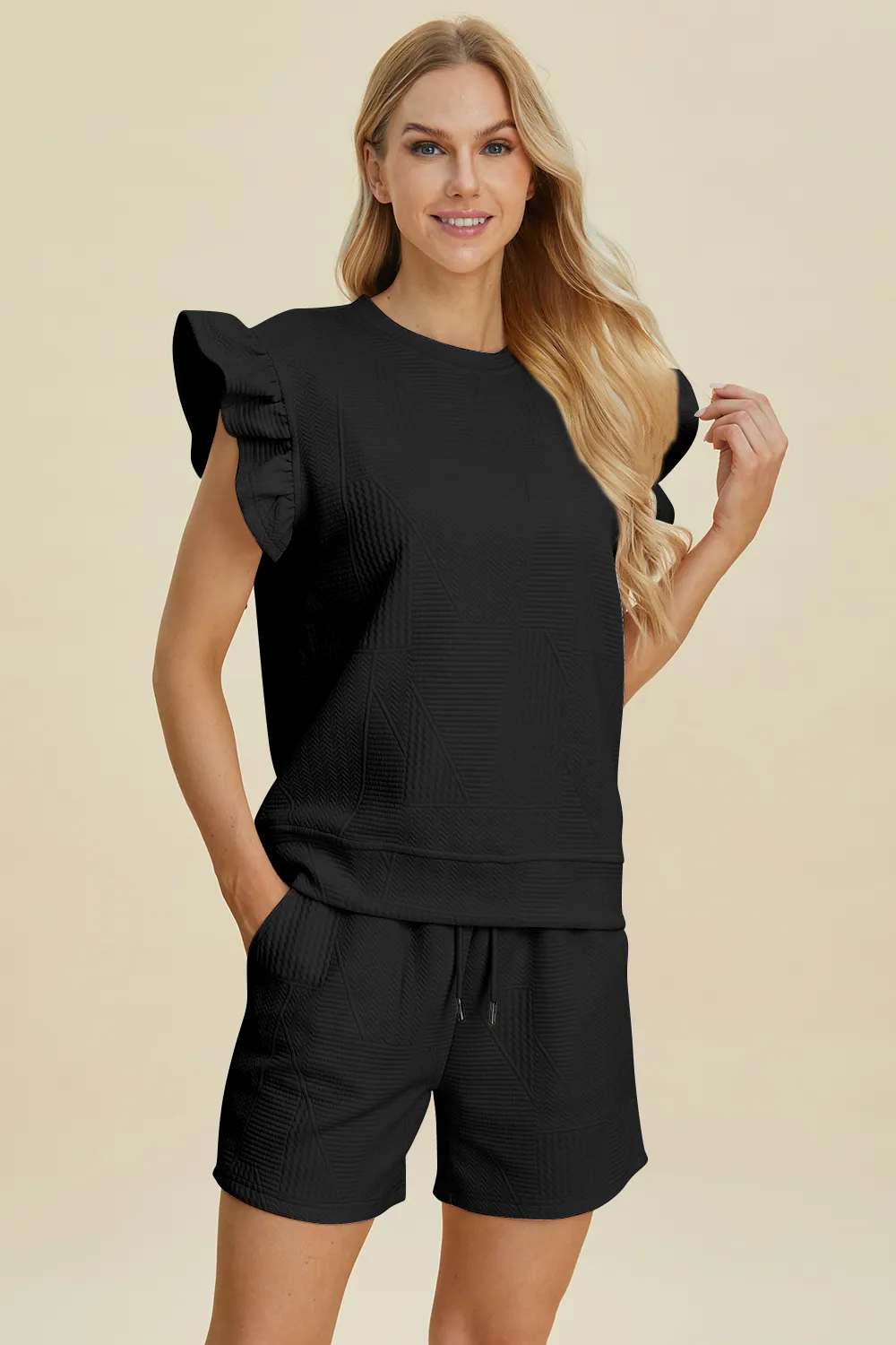 Full Size Texture Round Neck Ruffle Sleeve Top and Shorts Set, image 13