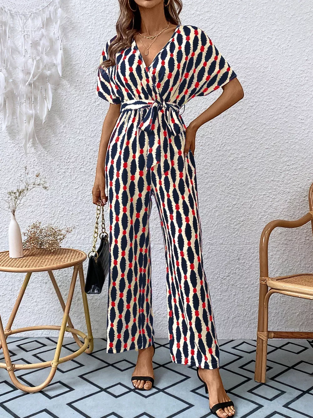 Printed Surplice Tie Waist Short Sleeve Jumpsuit, image 9