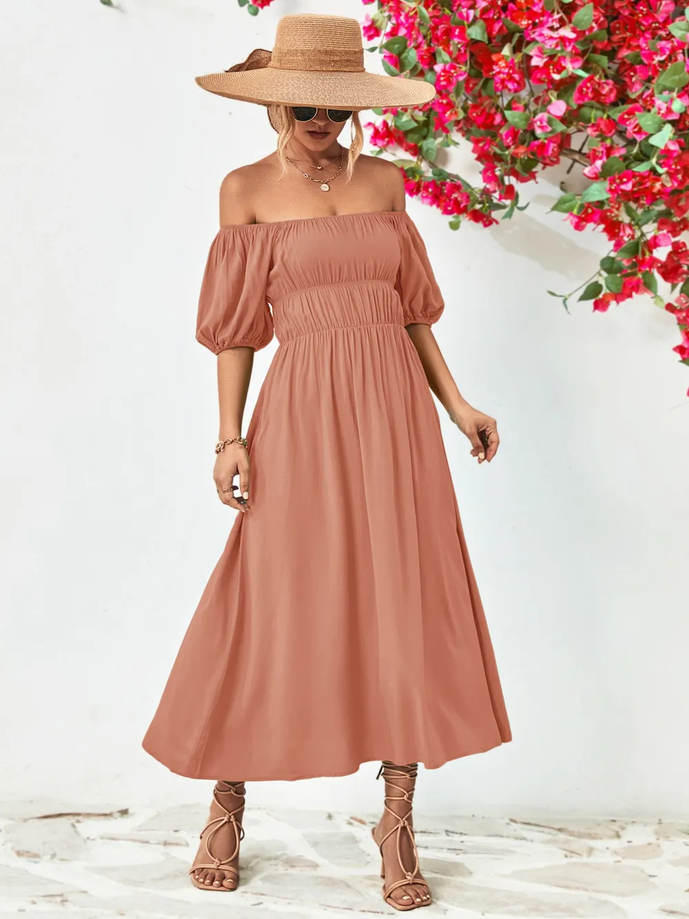 Off-Shoulder Puff Sleeve Smocked Maxi Dress, image 12