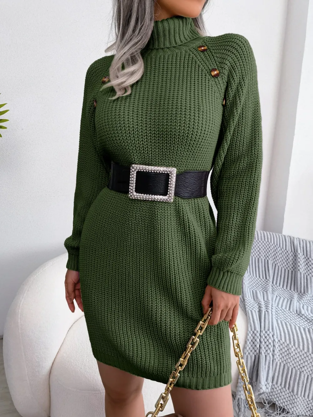 Decorative Button Turtleneck Sweater Dress, image 8
