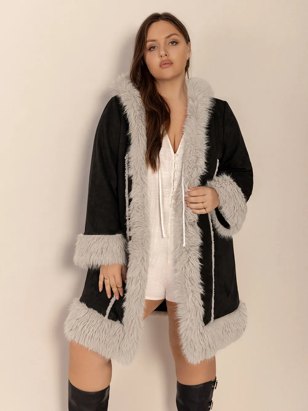 Plus Size Fuzzy Trim Open Front Long Sleeve Hooded Coat, image 5
