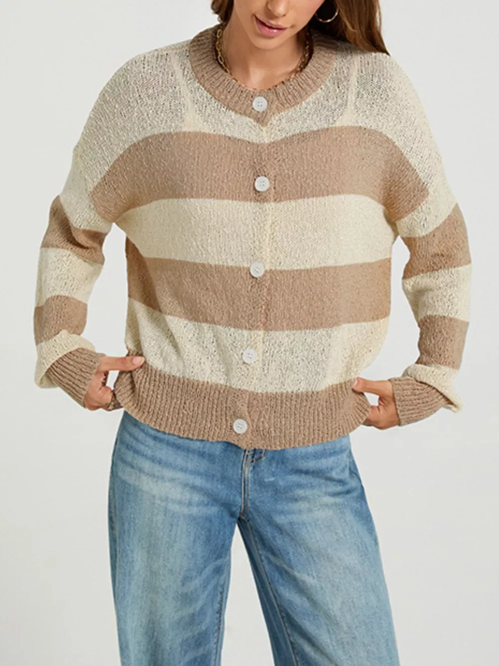 Casual Striped Button-Down Knit Cardigan, image 5