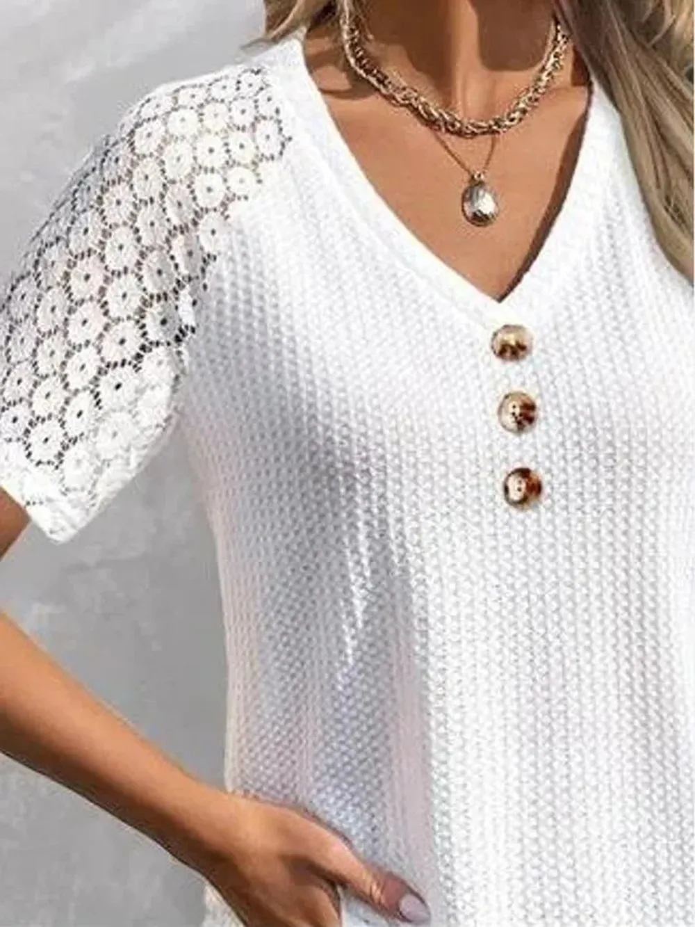 Waffle-Knit V-Neck Short Sleeve Top, image 3