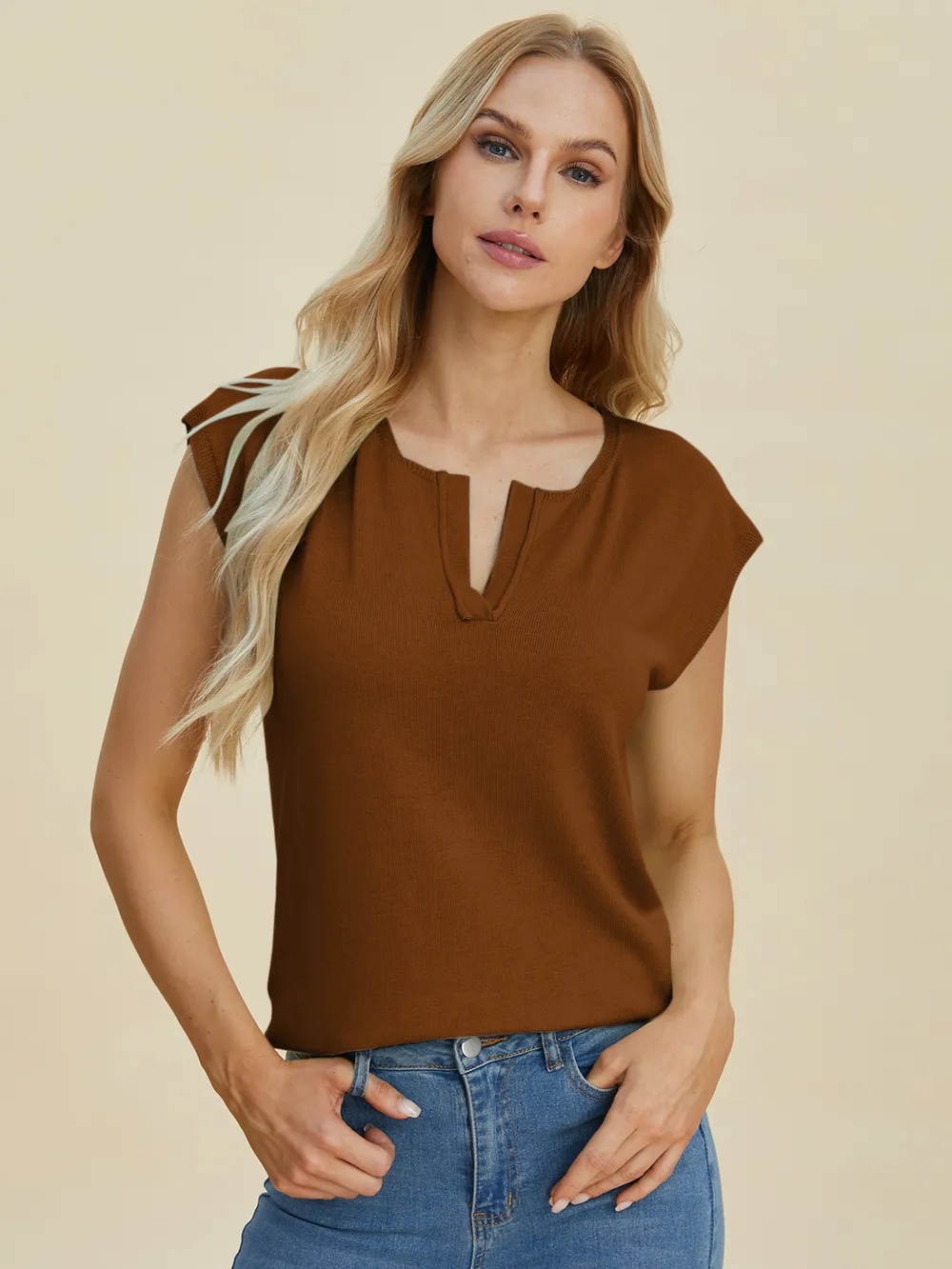 Full Size Notched Cap Sleeve Knit Top, image 7