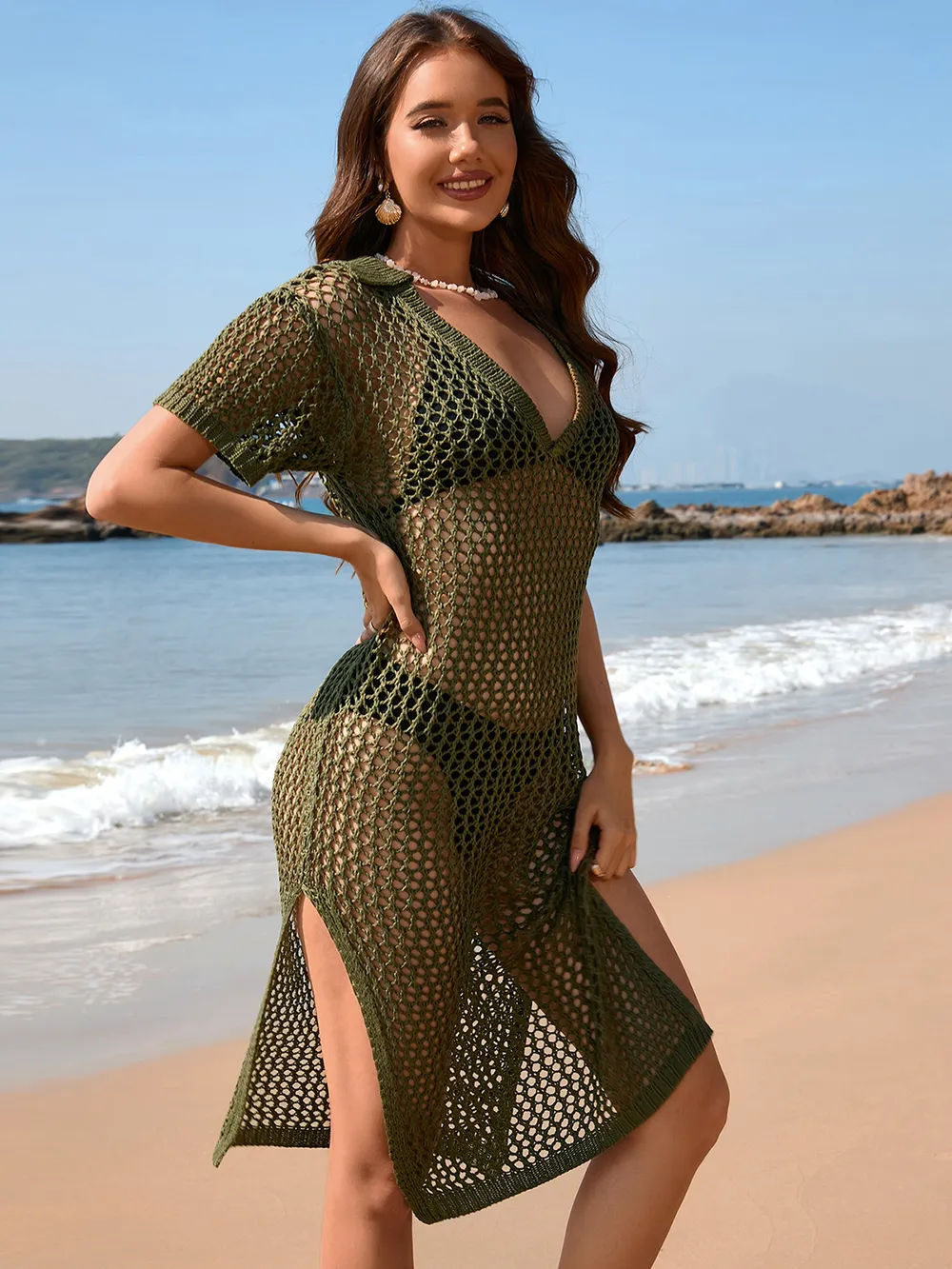 Slit Openwork Johnny Collar Short Sleeve Cover-Up, image 2