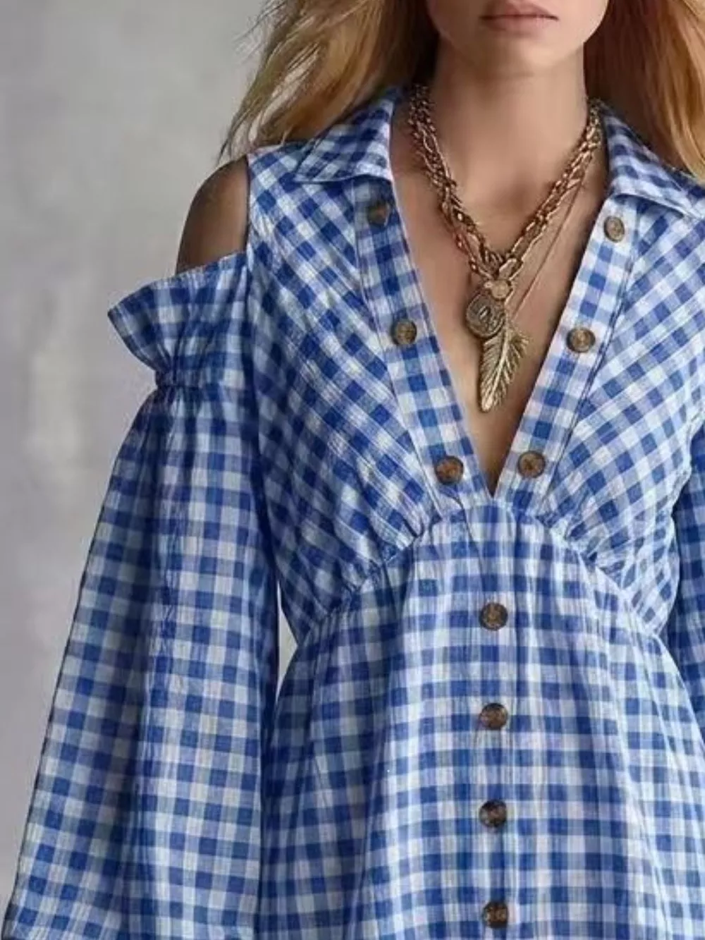 Gingham Cold-Shoulder Mini Dress, image 6