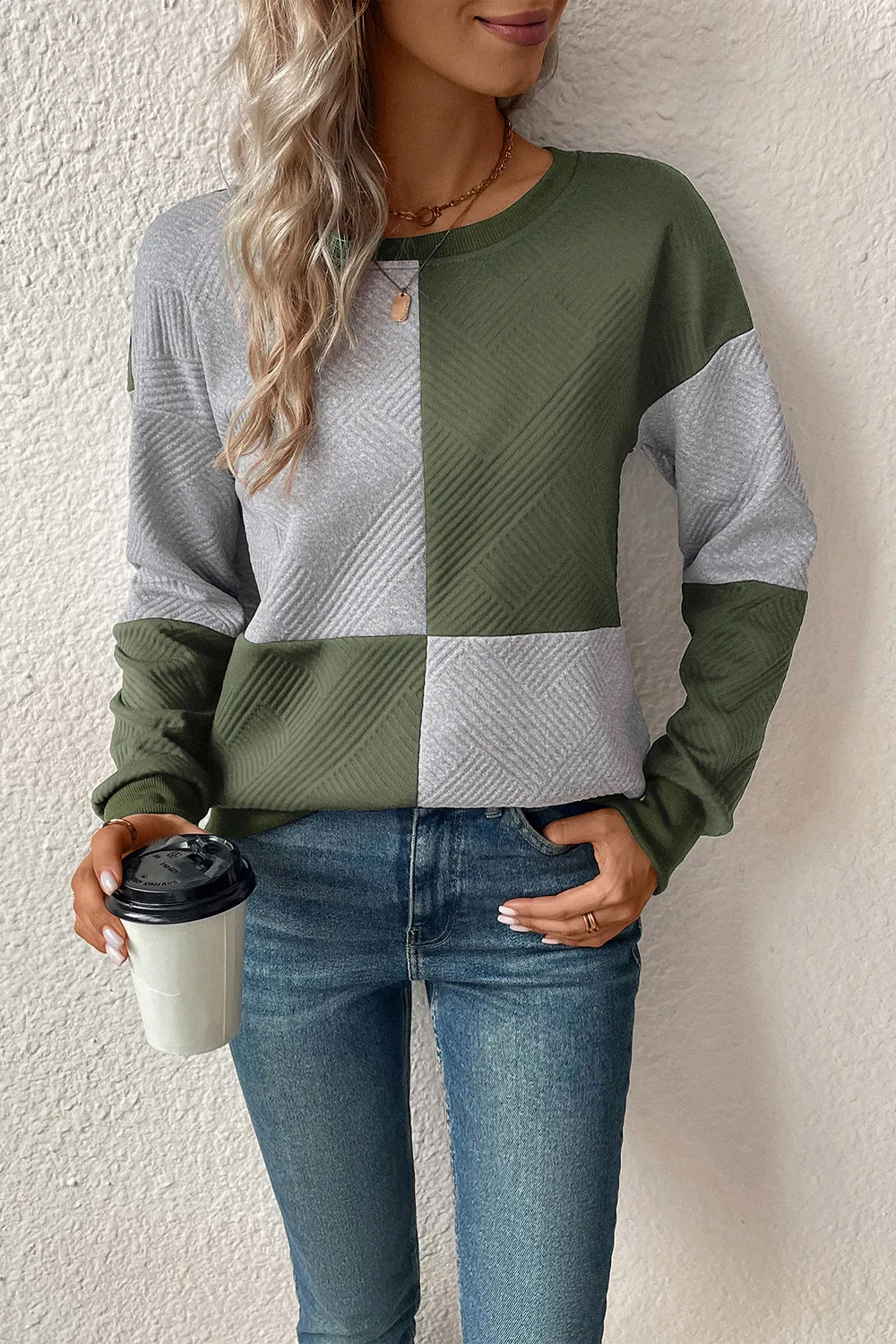 Textured Color Block Round Neck Sweatshirt, image 10