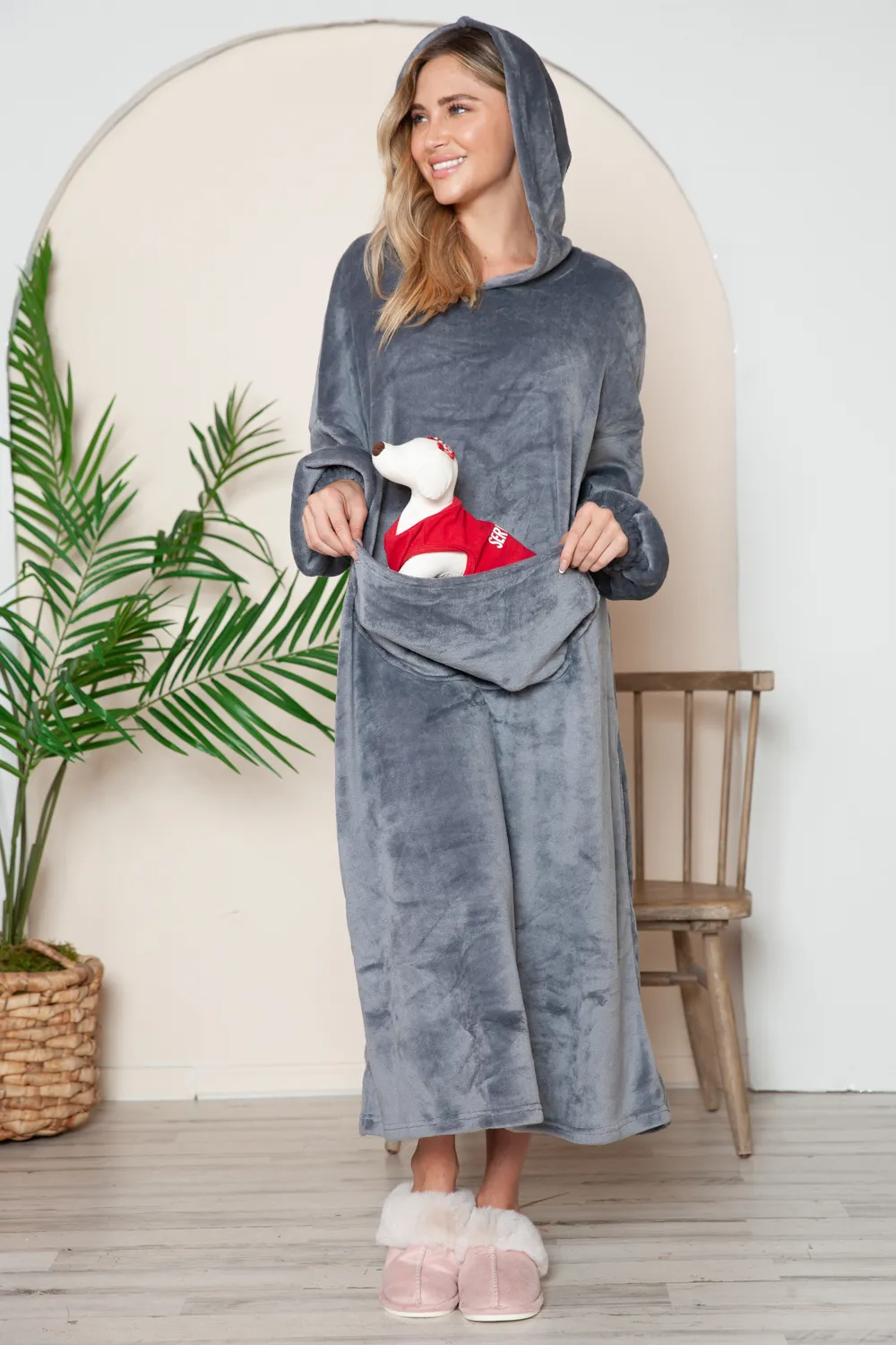 Full Size Pocketed Hooded Midi Lounge Dress, image 6