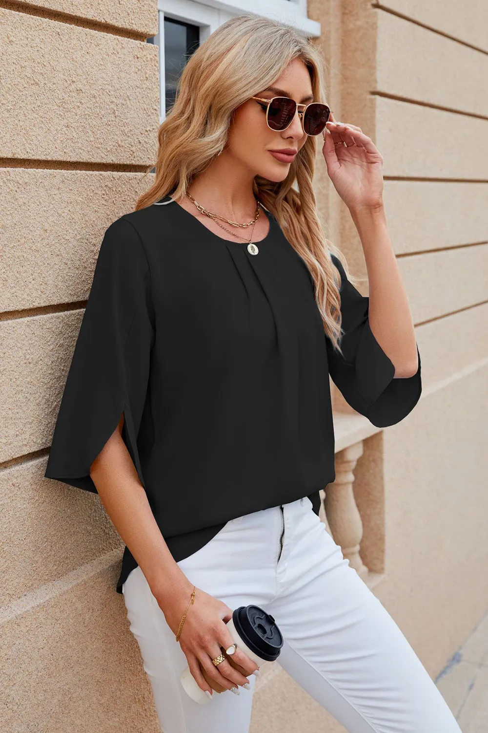 Round Neck Slit Half Sleeve Top, image 23