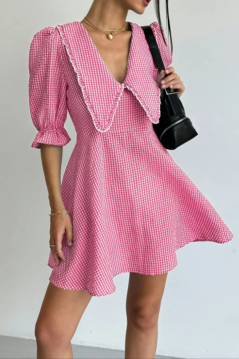 Gingham Puff Sleeve Mini Dress, image 2