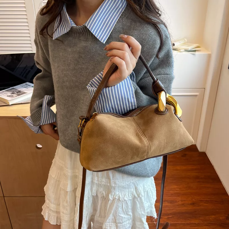 Suede Crossbody Bag with Gold Hardware, image 5