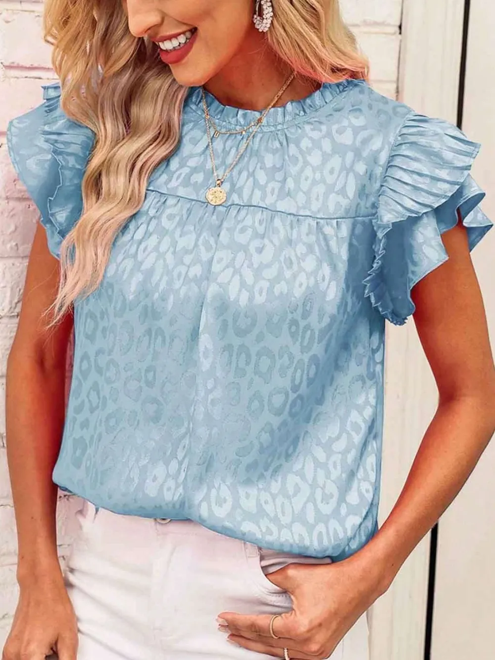 Leopard Frill Mock Neck Ruffled Cap Sleeve Top, image 10