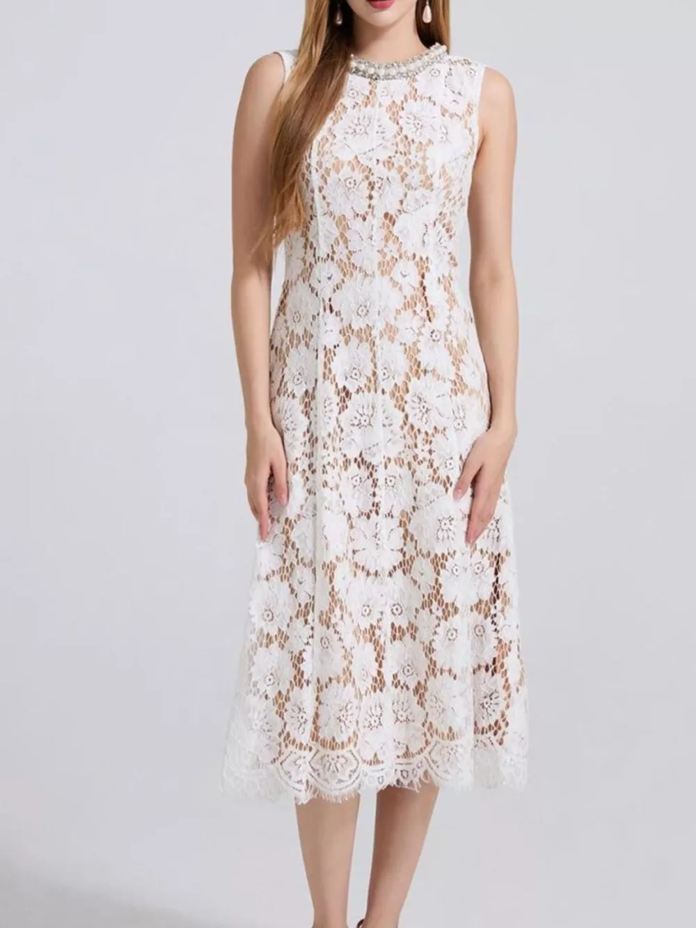 Pearl Neckline Sleeveless Lace Dress, image 5
