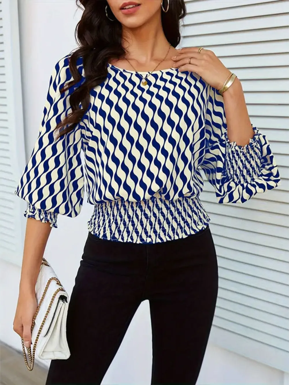 Geometric Print Lantern Sleeve Smocked Waist Blouse, image 7