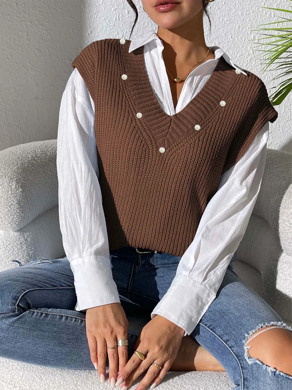 Pearl Trim V-Neck Sweater Vest, image 4