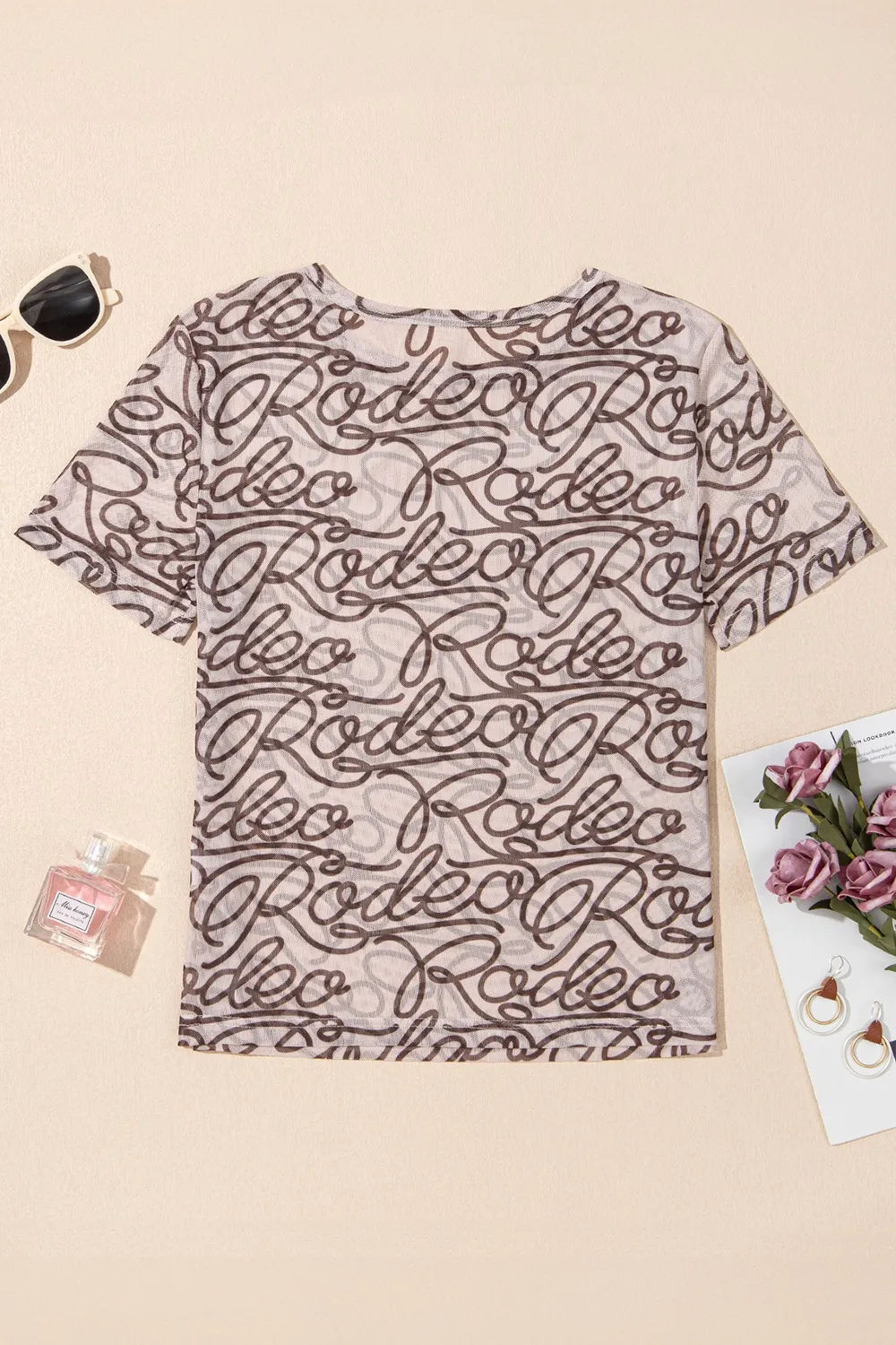 Printed Round Neck Short Sleeve Mesh T-Shirt, image 5
