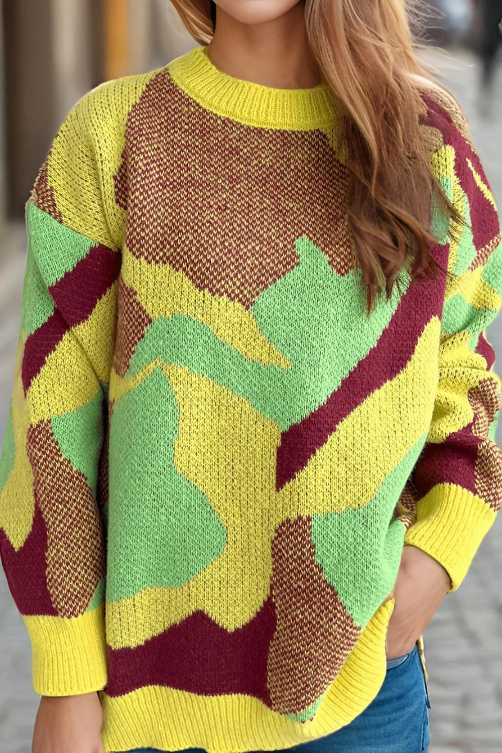 Contrast Round Neck Long Sleeve Sweater, image 2