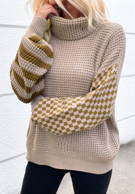 Striped & Checkered Turtleneck Dropped Shoulder Sweater, image 13