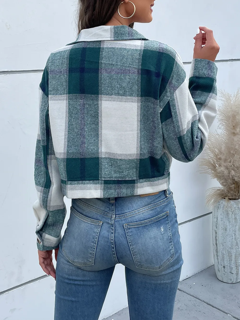 Plaid Button Up Drop Shoulder Cropped Jacket, image 10