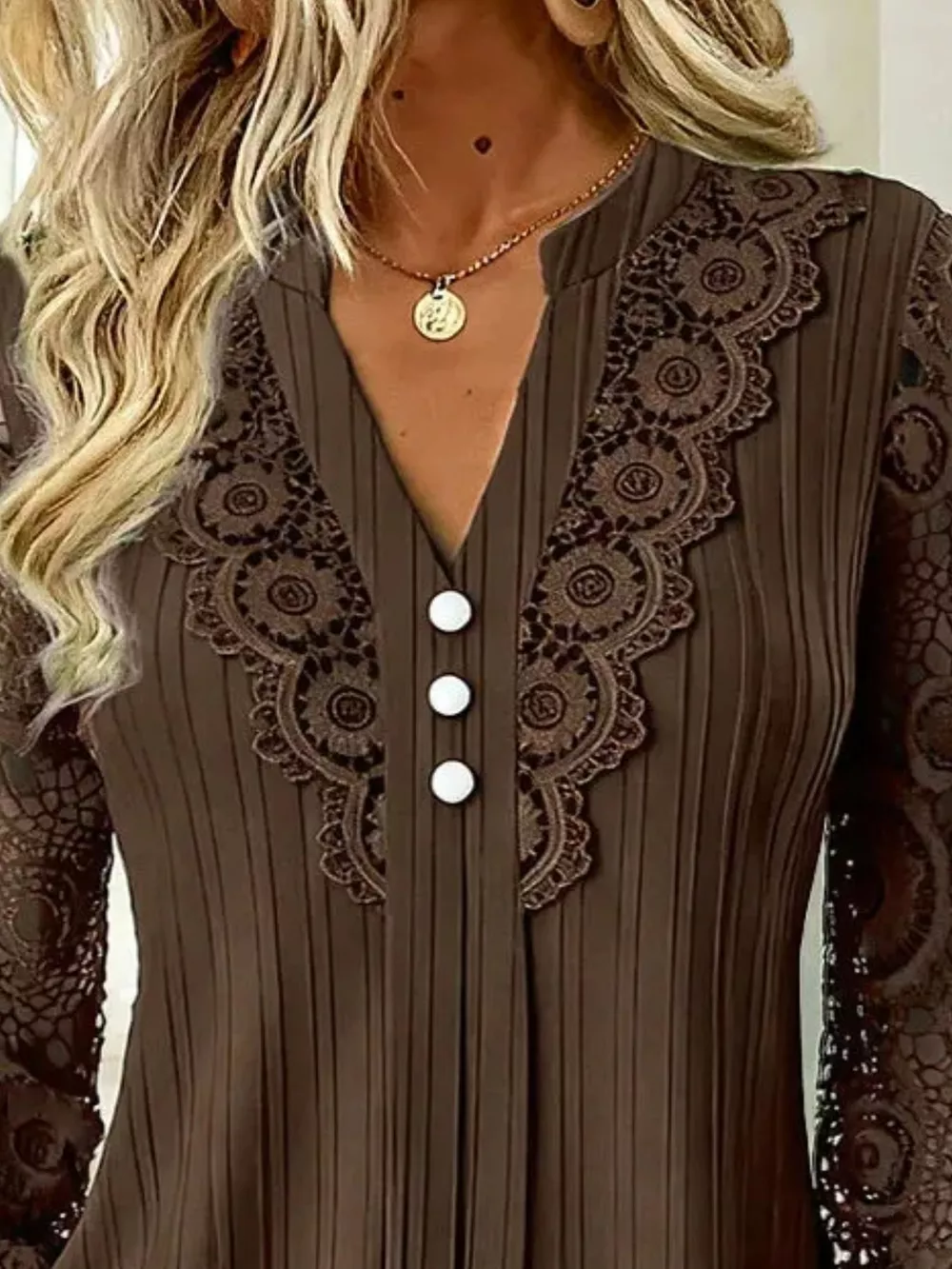 Lace Long Sleeve Notched Blouse, image 4