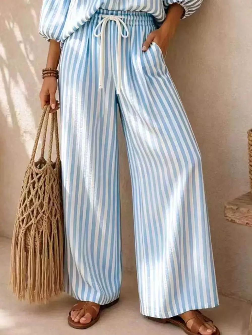 Full Size Striped Puff Sleeve Shirt and Wide-Leg Drawstring Pants Set Plus Size, image 12