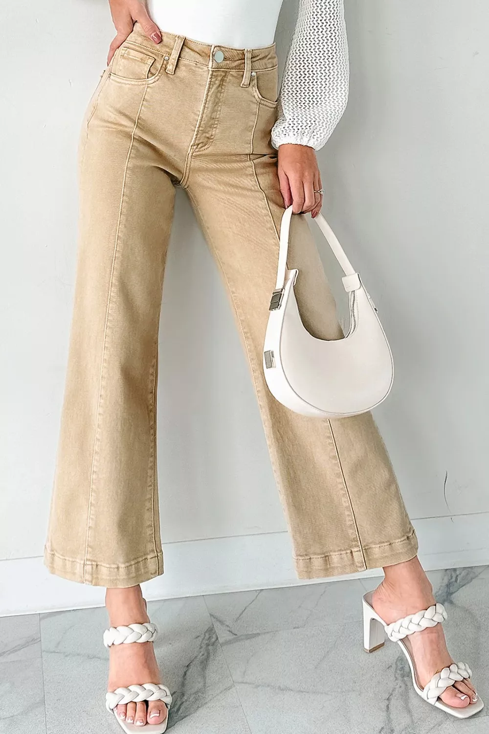 Solid Color Seamed Center Wide Leg Cropped Jeans