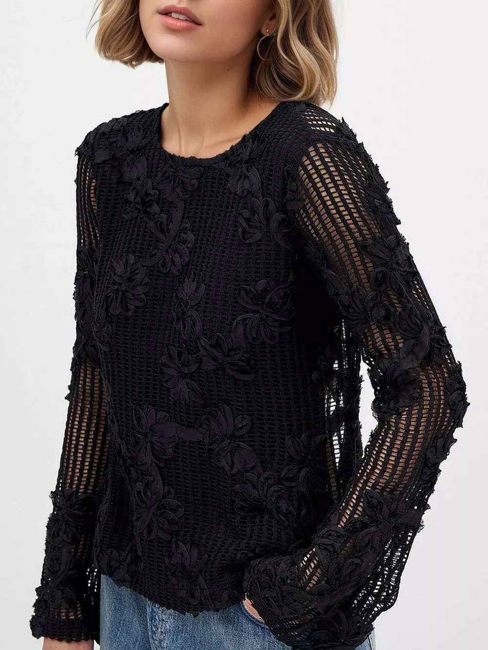 Openwork Tied Back Long Sleeve Blouse, image 2