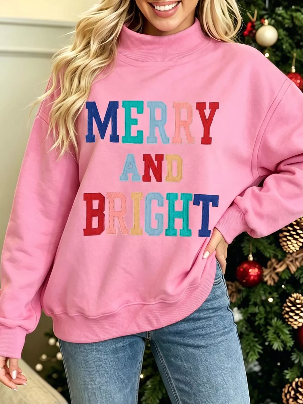 MERRY AND BRIGHT Stitched Letter Pattern Mock Neck Sweatshirt, image 4
