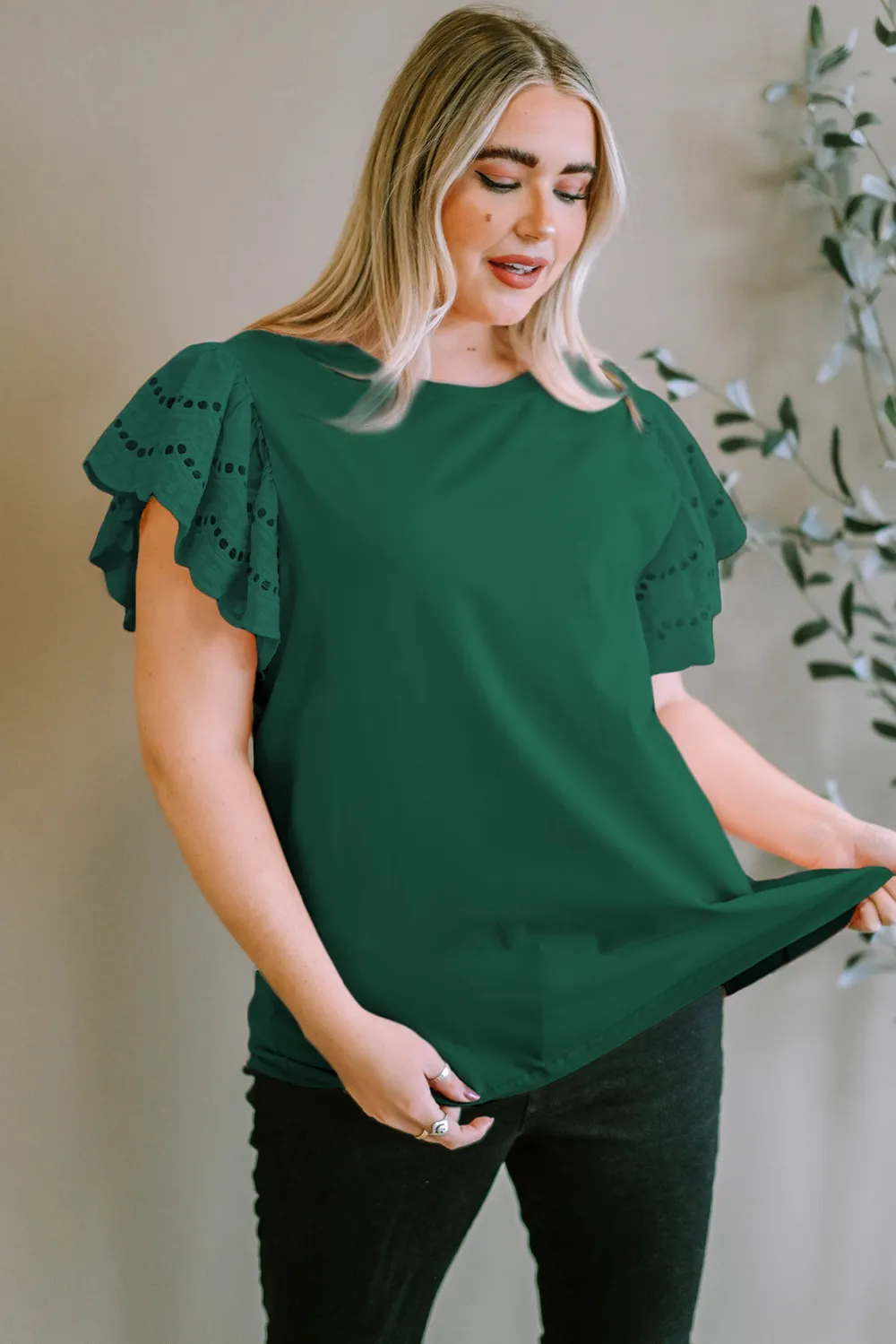 Plus Size Eyelet Round Neck Short Sleeve Blouse, image 6