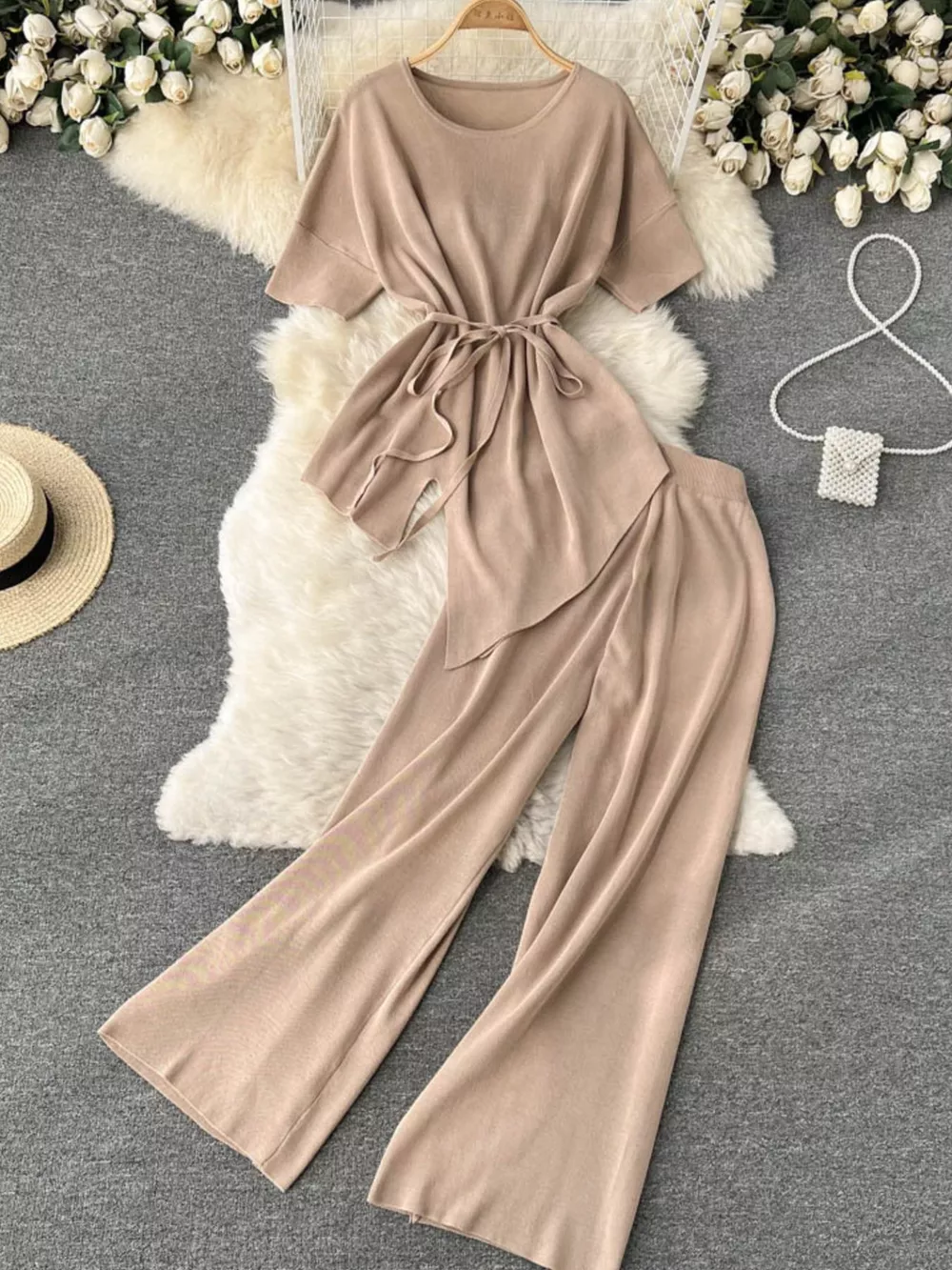 Short Sleeve Top and Wide Leg Pants Set