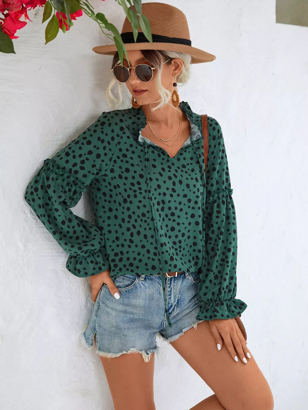 Animal Print Tie Neck Flounce Sleeve Blouse, image 5